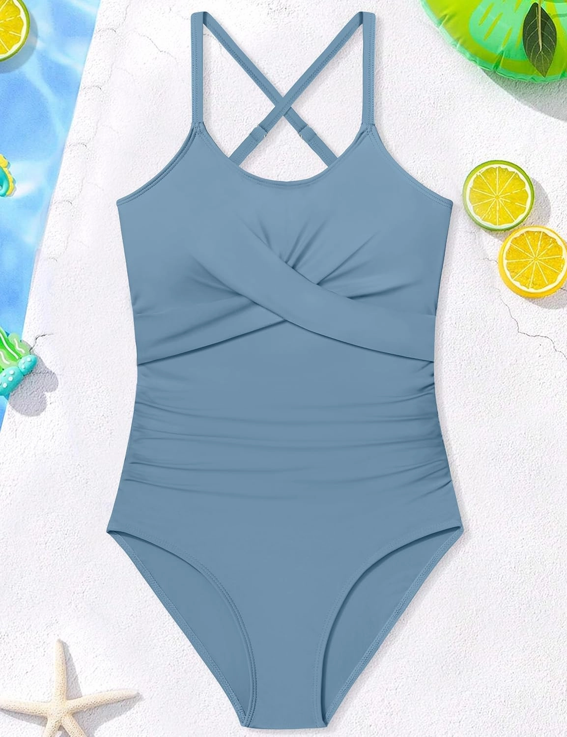WIQI Girls Swimsuit Criss Cross Ruched One Piece Bathing Suit for Girls Adjustable Tie Back Swimwear 9-16Y