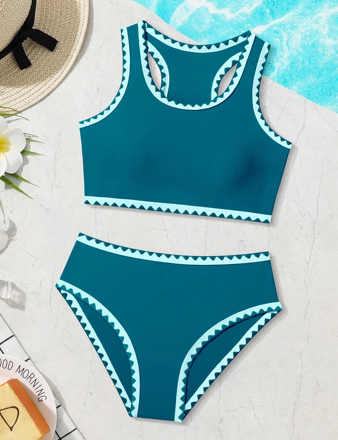 WIQI Girls Swimsuits Bikini Set 2 Piece Bathing Suit Color Contrast Trim Swimwear Size 7-16
