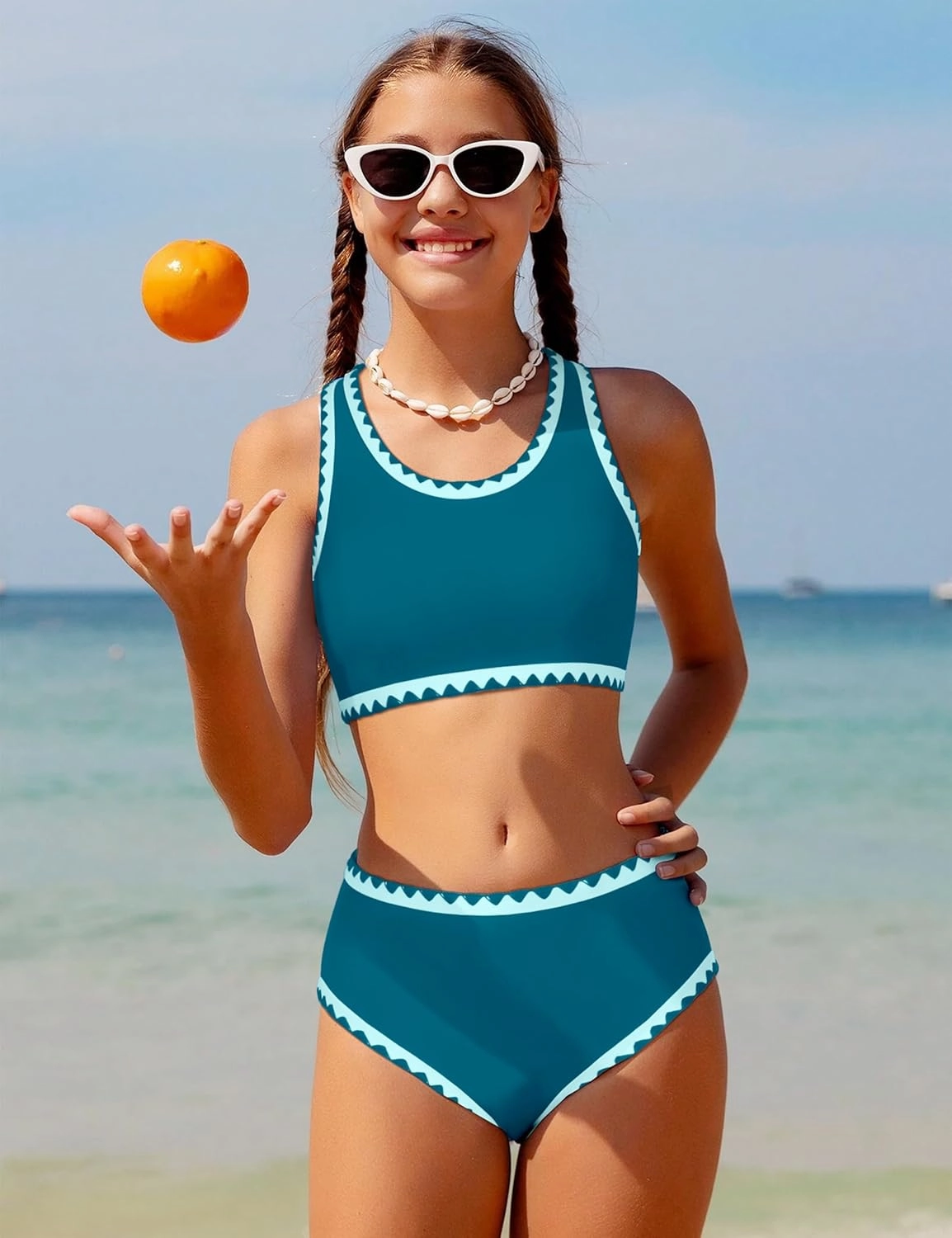 WIQI Girls Swimsuits Bikini Set 2 Piece Bathing Suit Color Contrast Trim Swimwear Size 7-16