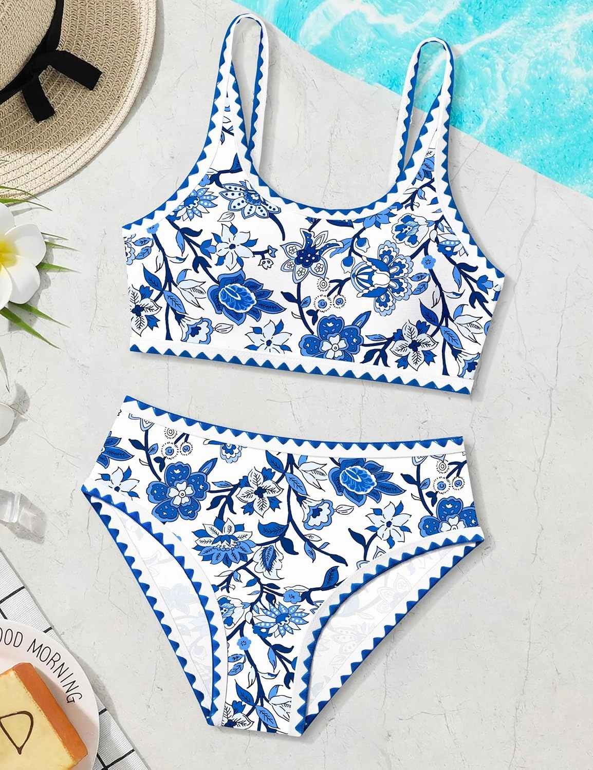 WIQI Girls Swimsuits Bikini Set 2 Piece Bathing Suit Color Contrast Trim Swimwear Size 7-16