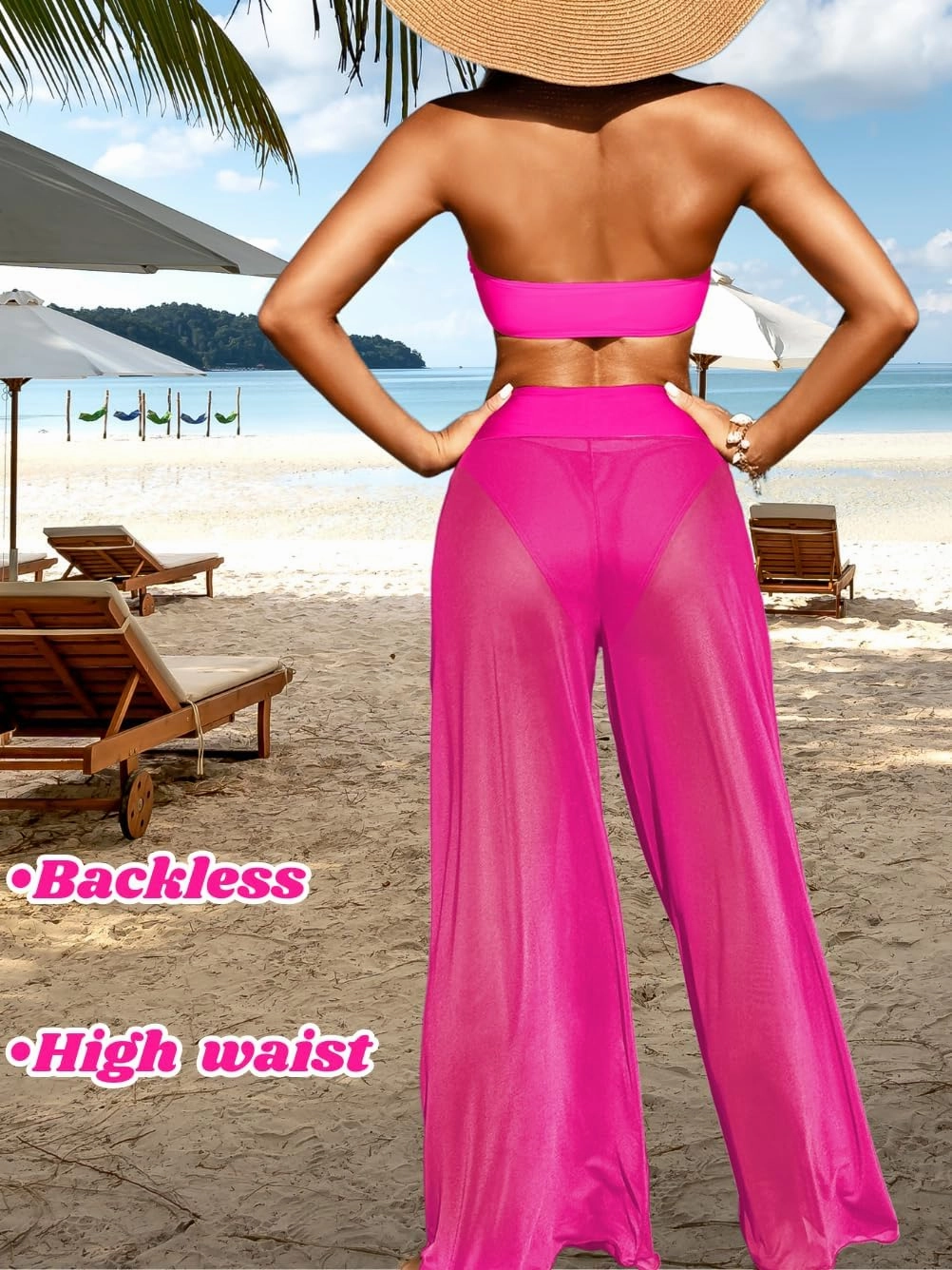 Women 3 Piece Sexy Swimsuit, Bandeau Strapless Bikini Set, Color Block High Waisted Bathing Suit Cover Up Pants Beach