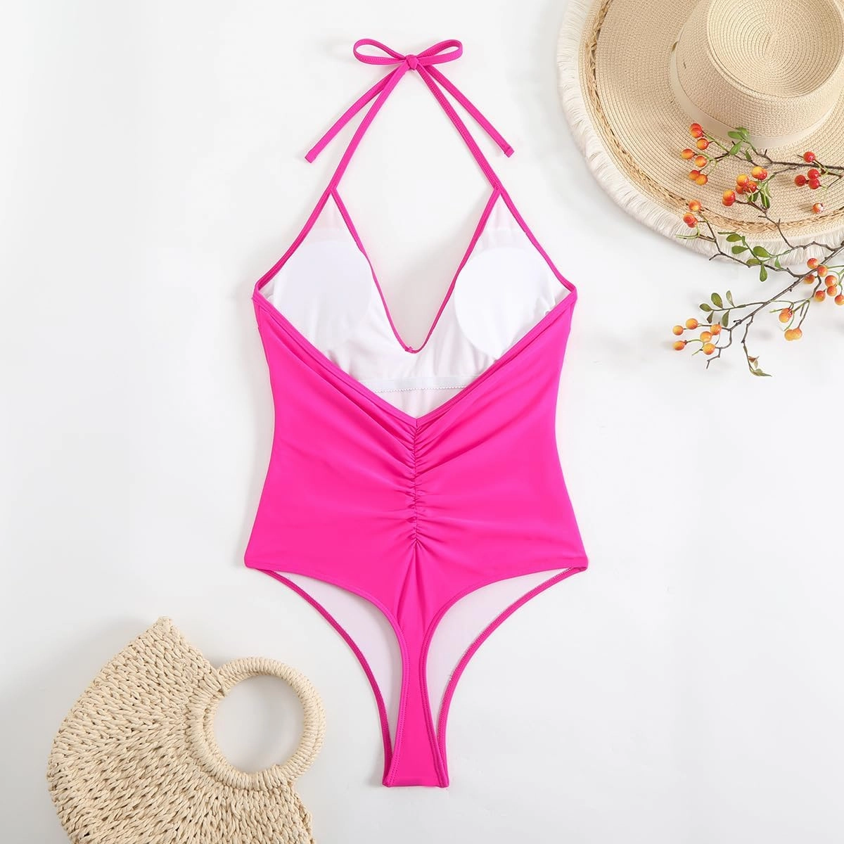 Women' s One Piece Sexy Swimsuits Halter Tie Back V Neck Low Back Bathing Suit Ruched Butt High Cut Swimsuit Thong