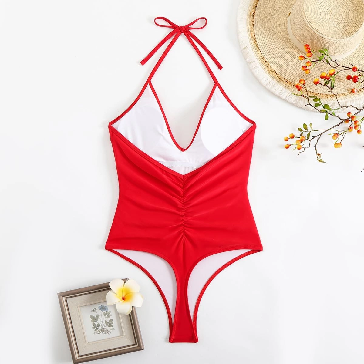 Women' s One Piece Sexy Swimsuits Halter Tie Back V Neck Low Back Bathing Suit Ruched Butt High Cut Swimsuit Thong