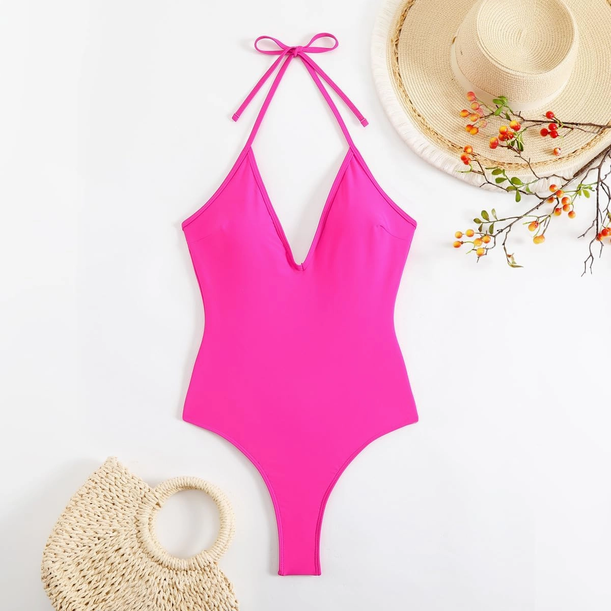 Women' s One Piece Sexy Swimsuits Halter Tie Back V Neck Low Back Bathing Suit Ruched Butt High Cut Swimsuit Thong