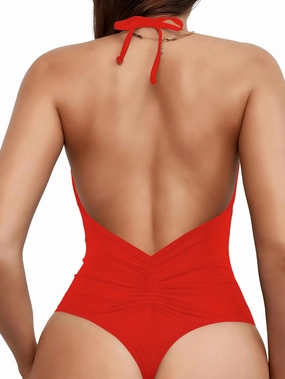 Women' s One Piece Sexy Swimsuits Halter Tie Back V Neck Low Back Bathing Suit Ruched Butt High Cut Swimsuit Thong