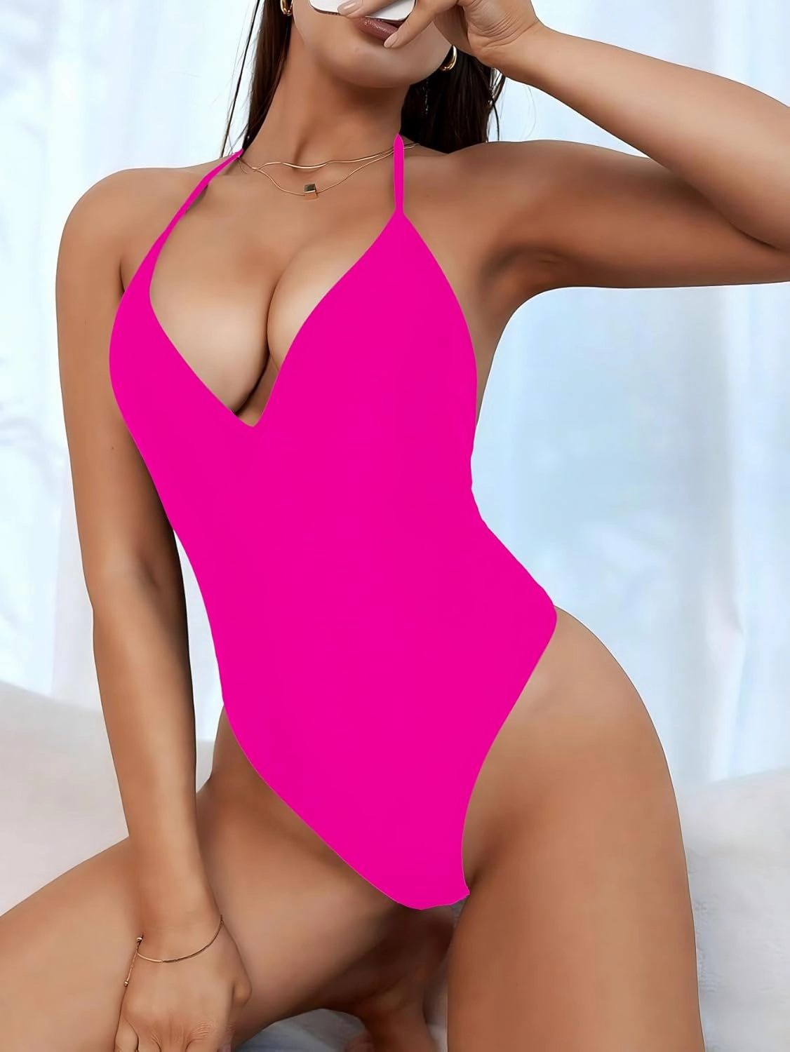 Women' s One Piece Sexy Swimsuits Halter Tie Back V Neck Low Back Bathing Suit Ruched Butt High Cut Swimsuit Thong