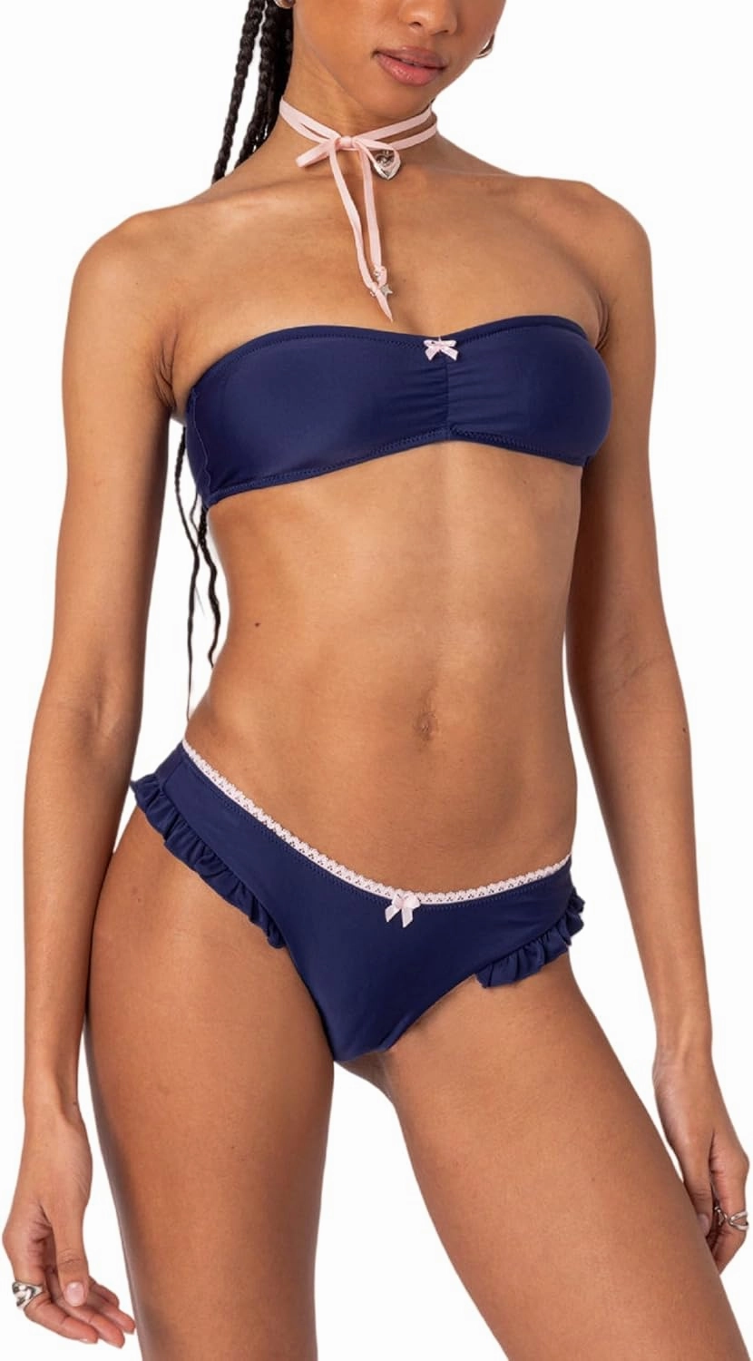 Women Floral Bandeau Bikini Set O Ring Tie Back Strapless 2 Piece Swimsuit Cheeky Thong Batching Suit