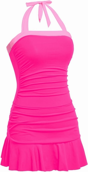 Women One Piece Swim Dress - Tummy Control Swimsuit with Skirt Halter Bathing Suit