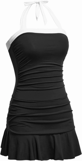 Women One Piece Swim Dress - Tummy Control Swimsuit with Skirt Halter Bathing Suit