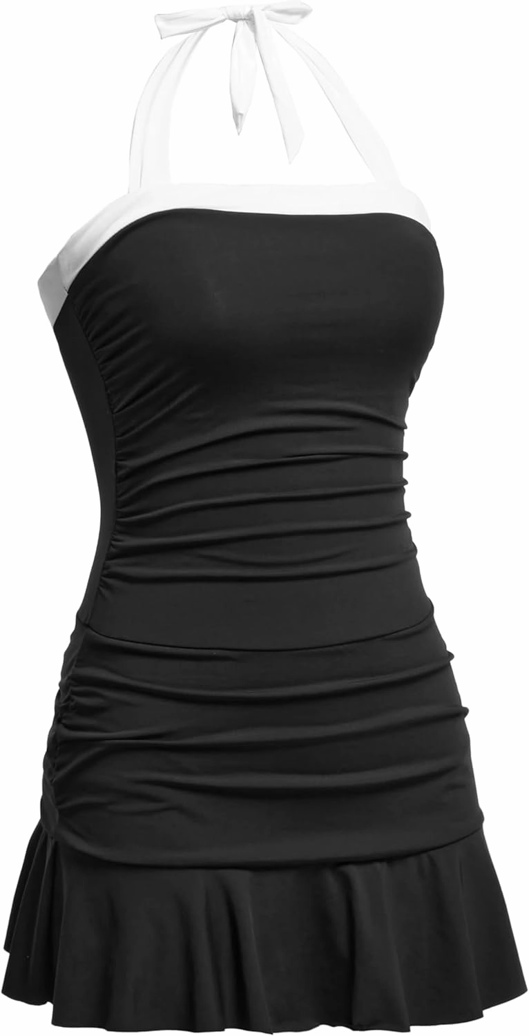 Women One Piece Swim Dress - Tummy Control Swimsuit with Skirt Halter Bathing Suit