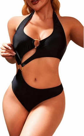 Women One Piece Swimsuit Slimming Cutout Fashoin Swimwear Metal Ring Bathing Suit Female Beachwear