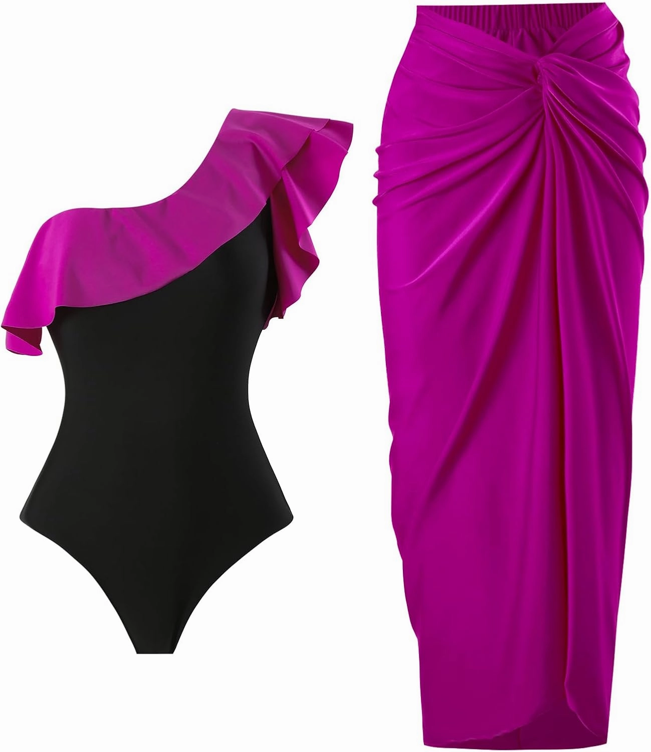 Women One Piece Swimsuit with Cover up Set High Waisted Beach Wrap Skirt Two Piece Bathing Suit