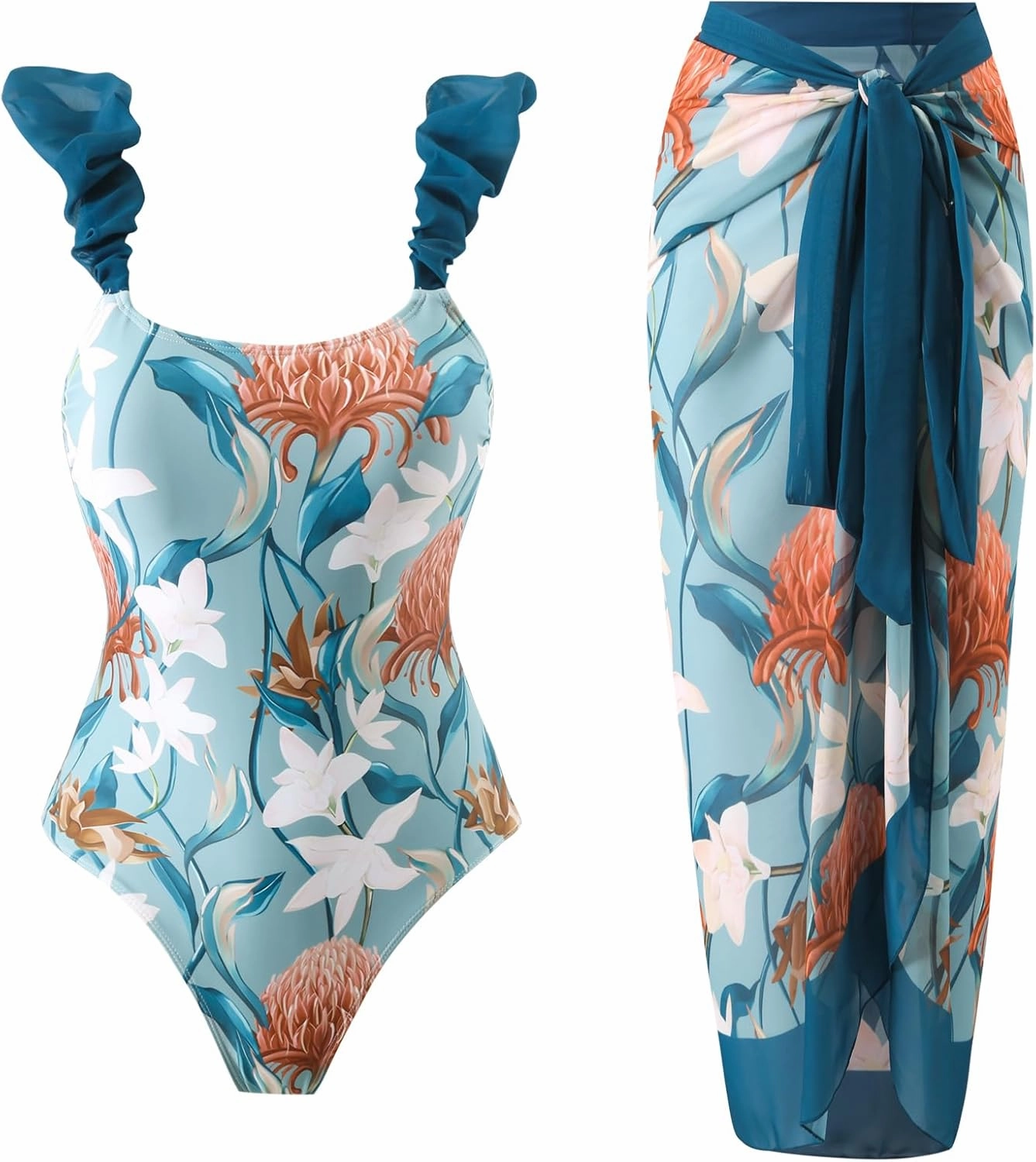 Women One Piece Swimsuit with Cover up Set High Waisted Beach Wrap Skirt Two Piece Bathing Suit