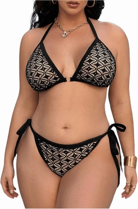 Women Plus Size Thong Bikini Sets String Two Piece Halter Swimsuits with Tie Side Bottom
