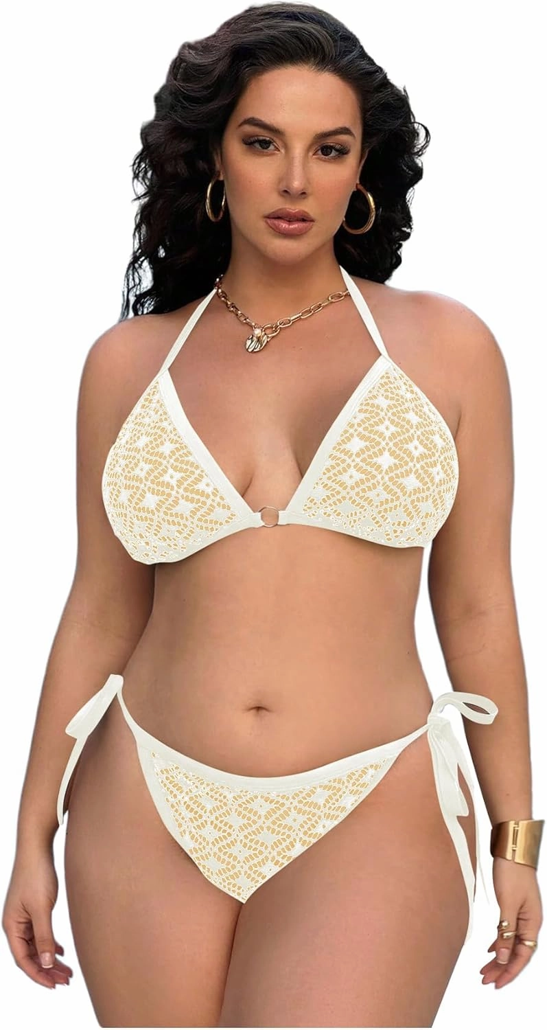Women Plus Size Thong Bikini Sets String Two Piece Halter Swimsuits with Tie Side Bottom
