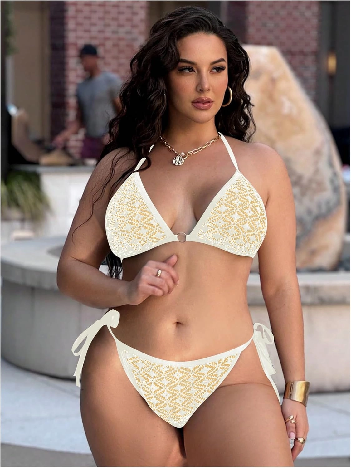 Women Plus Size Thong Bikini Sets String Two Piece Halter Swimsuits with Tie Side Bottom