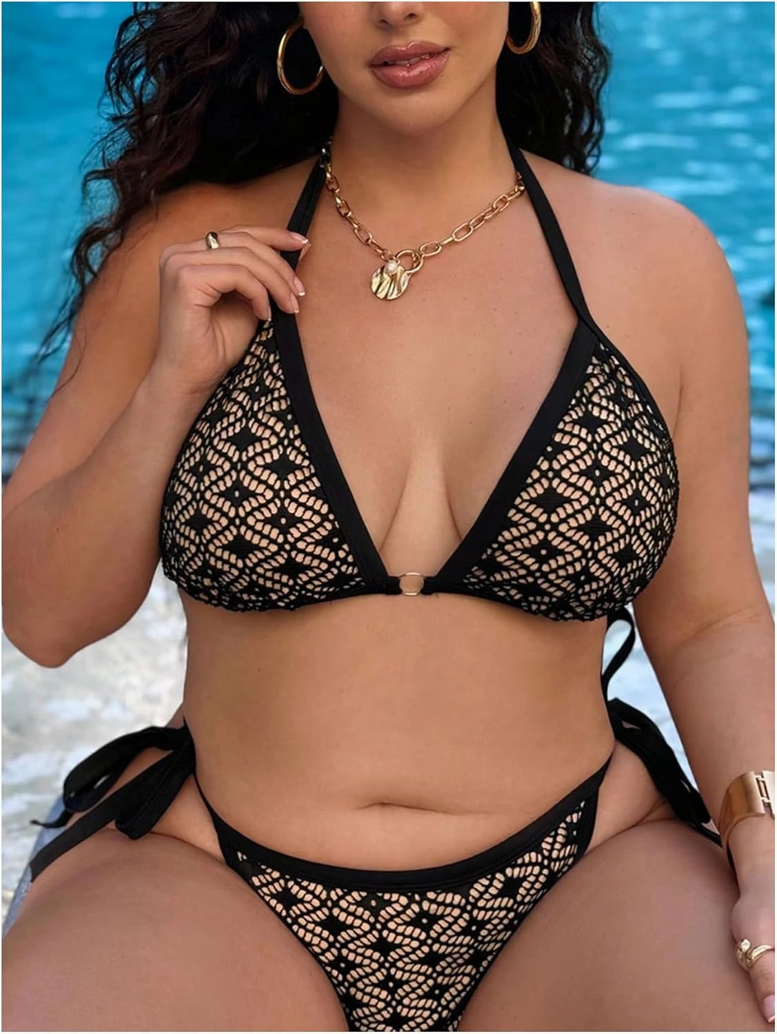 Women Plus Size Thong Bikini Sets String Two Piece Halter Swimsuits with Tie Side Bottom