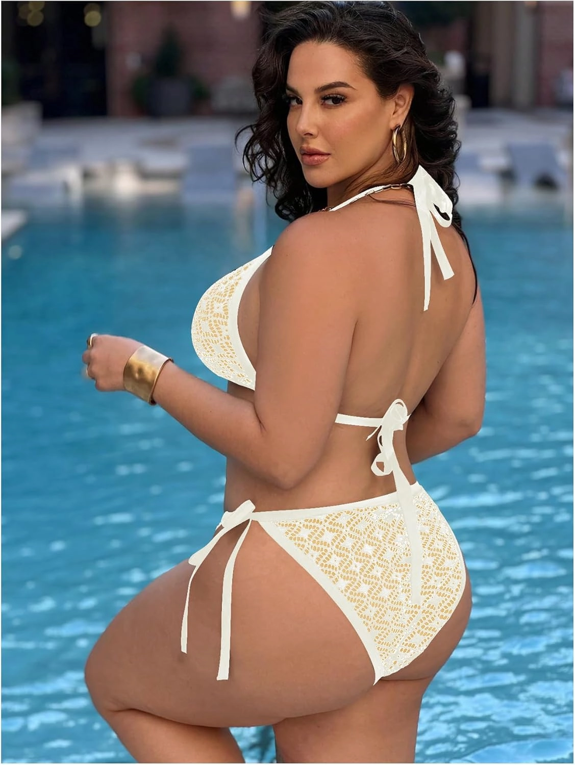 Women Plus Size Thong Bikini Sets String Two Piece Halter Swimsuits with Tie Side Bottom