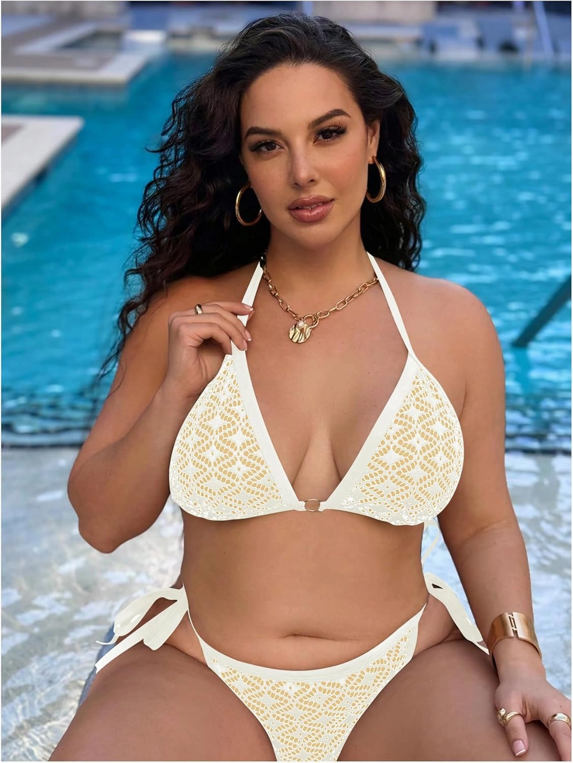 Women Plus Size Thong Bikini Sets String Two Piece Halter Swimsuits with Tie Side Bottom