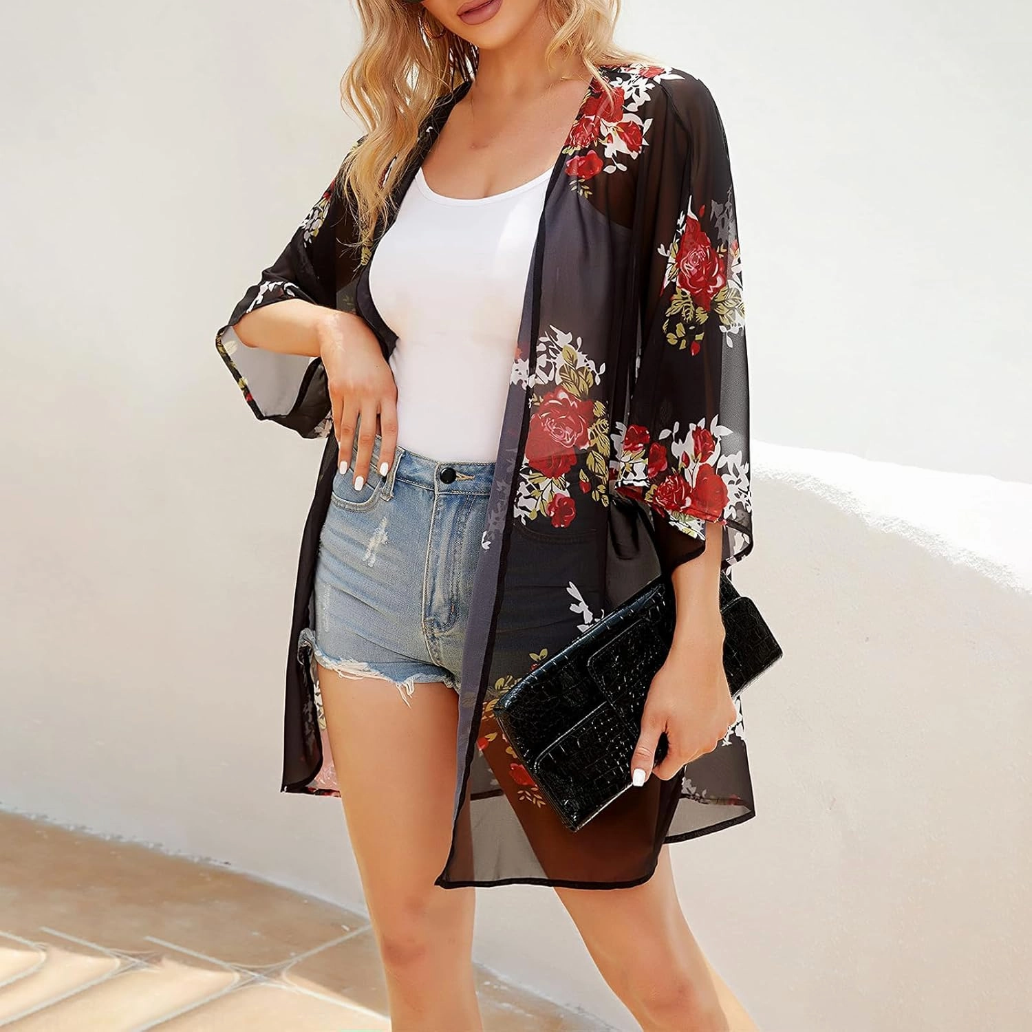 Women's Floral Cardigan Coverups Bohemian Kimono Loose Cover Up Tops Beach Swimsuit Puff Sleeve Blouse Female Chiffon Summer
