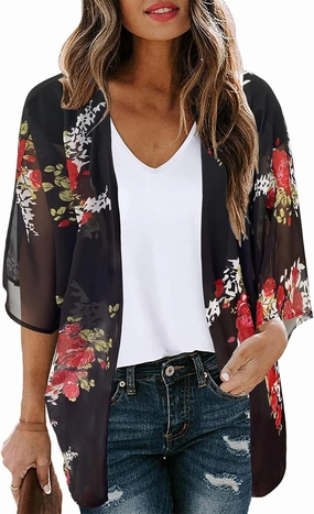 Women's Floral Cardigan Coverups Bohemian Kimono Loose Cover Up Tops Beach Swimsuit Puff Sleeve Blouse Female Chiffon Summer