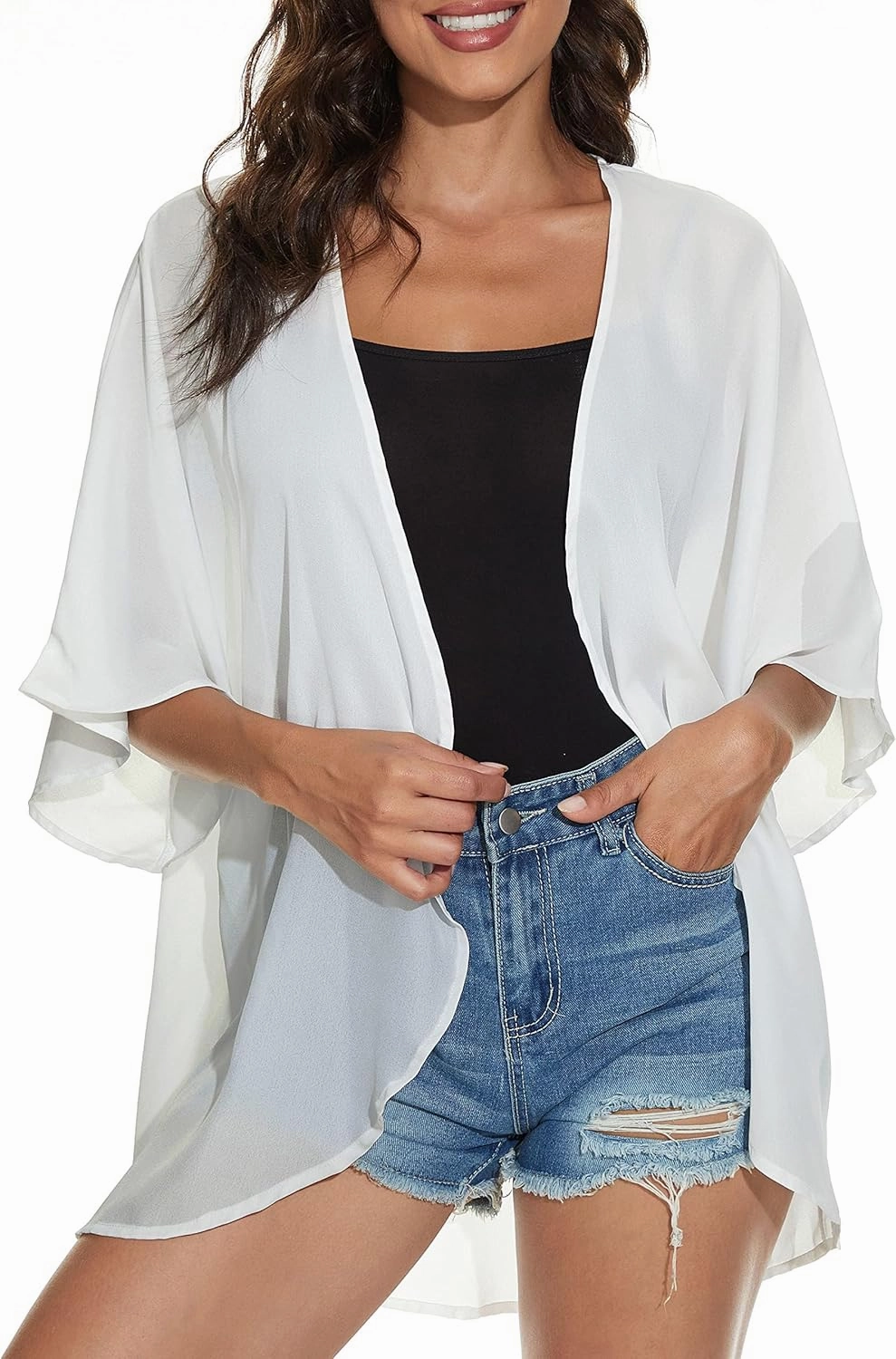 Women's Floral Cardigan Coverups Bohemian Kimono Loose Cover Up Tops Beach Swimsuit Puff Sleeve Blouse Female Chiffon Summer