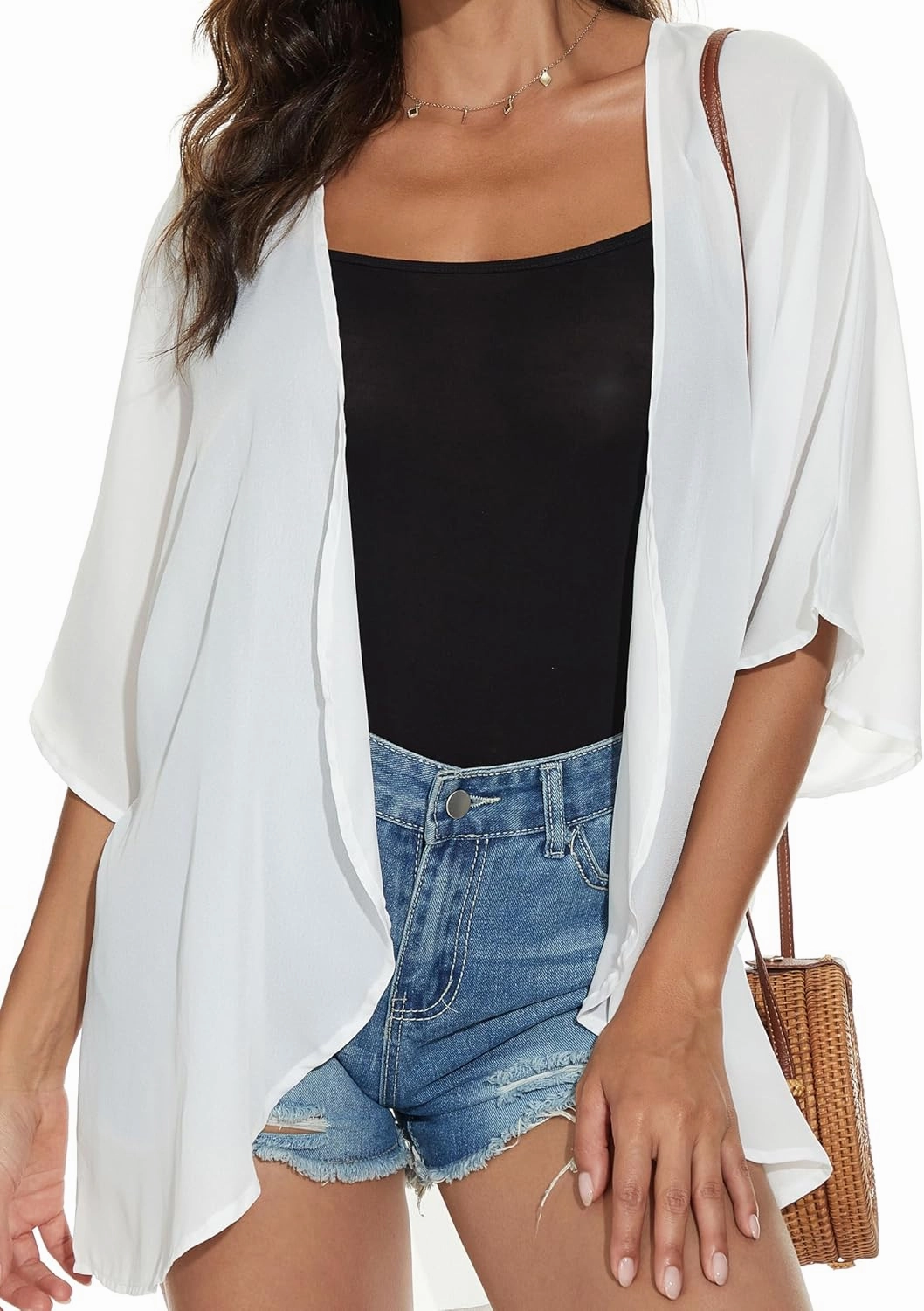 Women's Floral Print Puff Sleeve Kimono Cardigan Loose Cover Up Casual Blouse Tops
