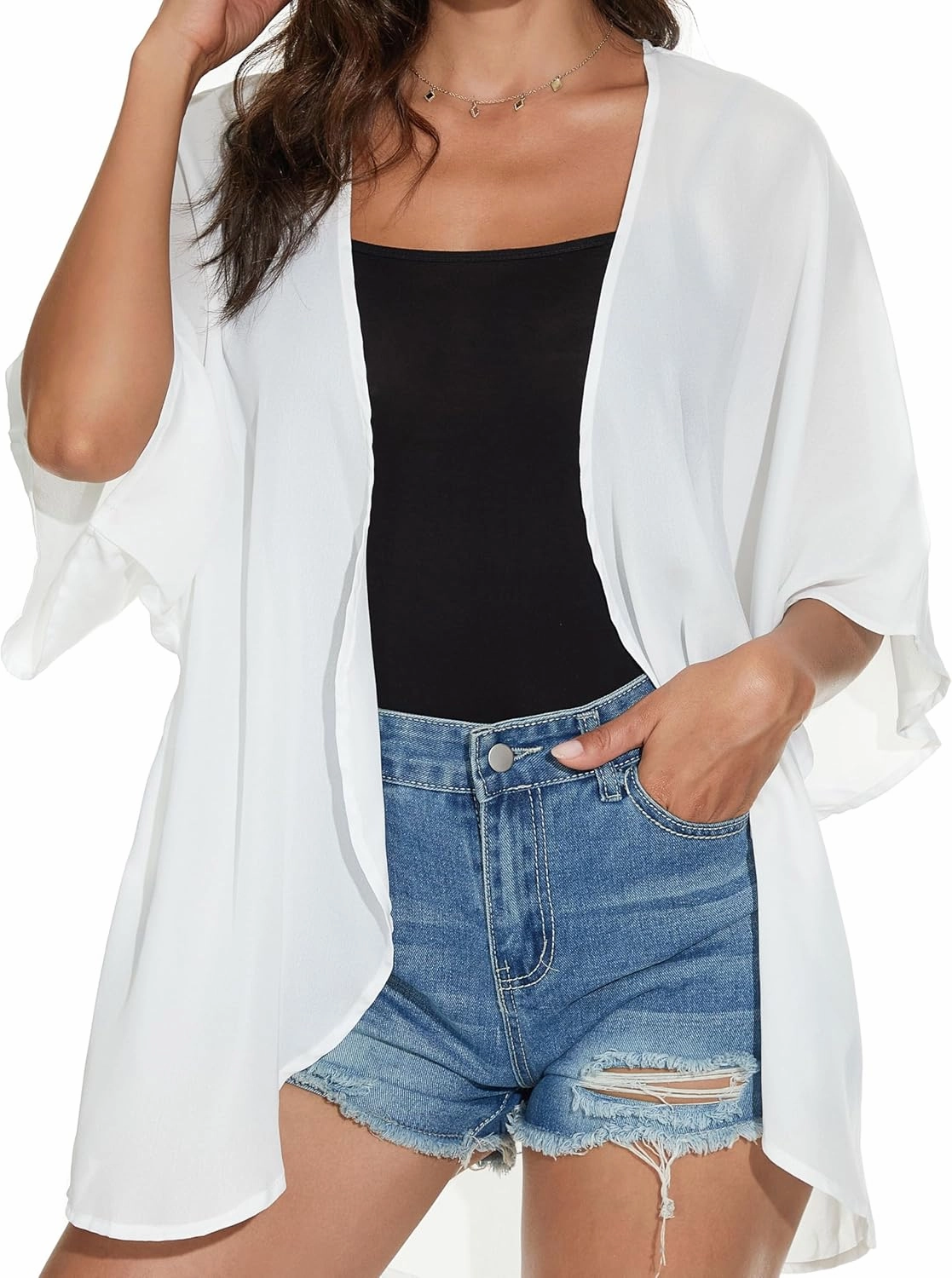 Women's Floral Print Puff Sleeve Kimono Cardigan Loose Cover Up Casual Blouse Tops
