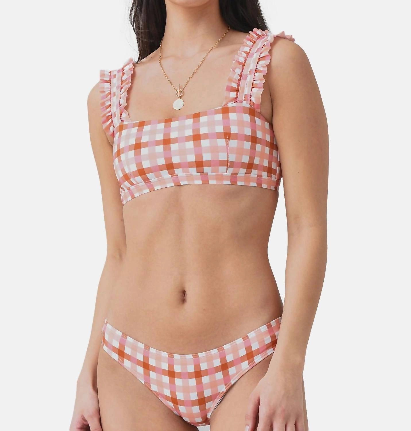 Women's Gingham Ruffle Bikini Top In Terracotta Peach Gingham