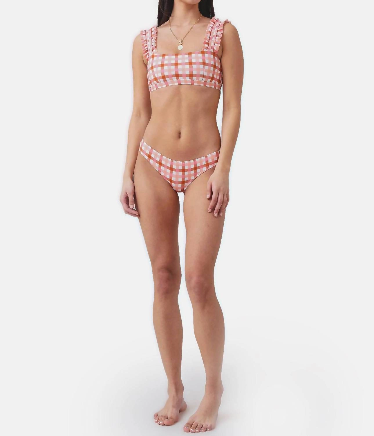 Women's Gingham Ruffle Bikini Top In Terracotta Peach Gingham