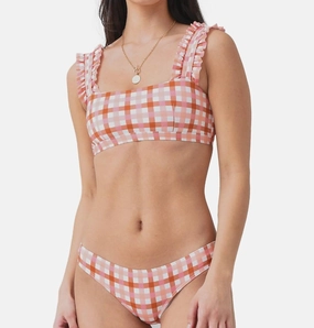 Women's Gingham Ruffle Bikini Top In Terracotta Peach Gingham
