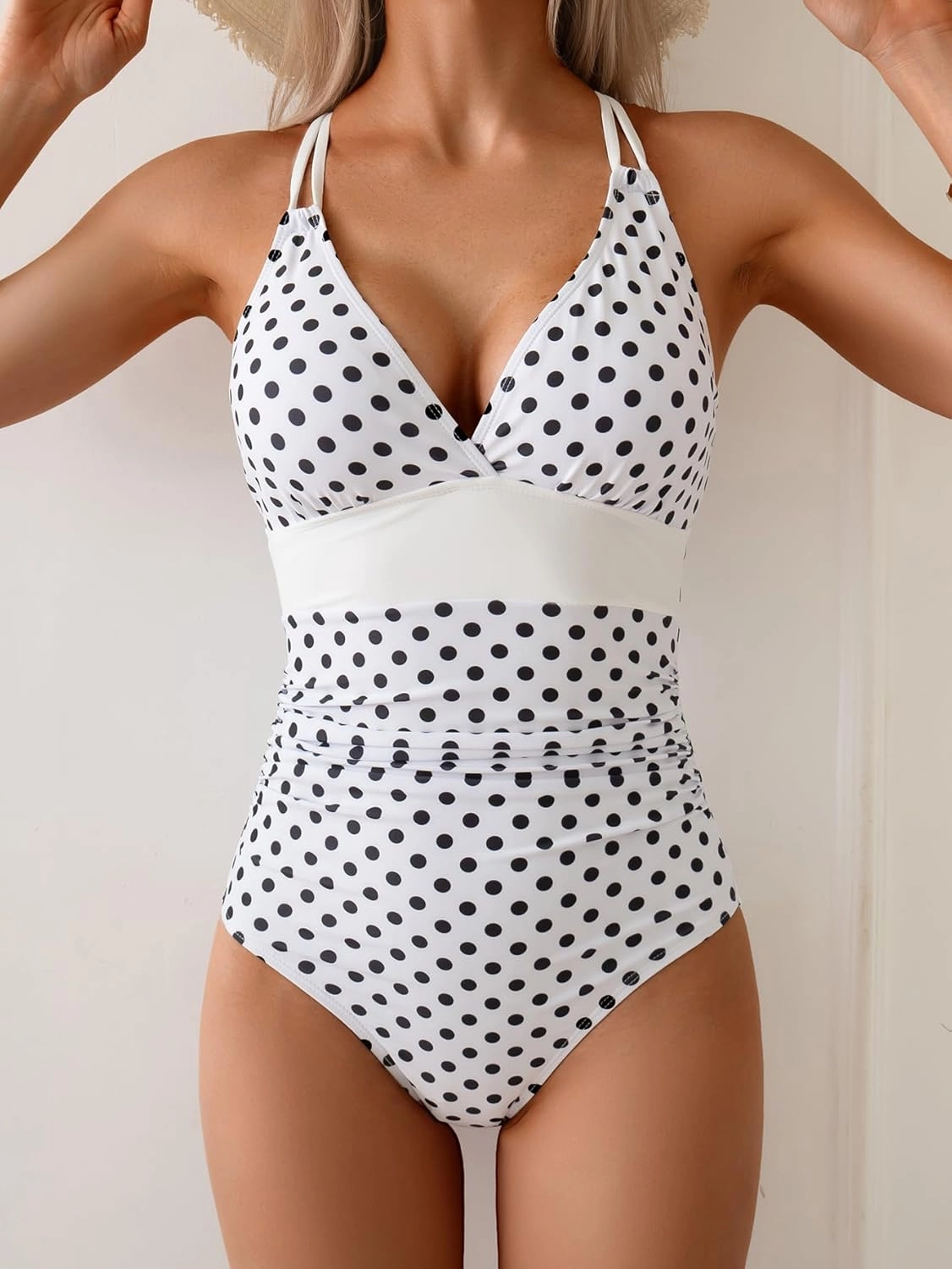 Women's One Piece Color Block Swimsuit Tummy Control Slimming Bathing Suit V Neck Cutout High Waisted Swimwear