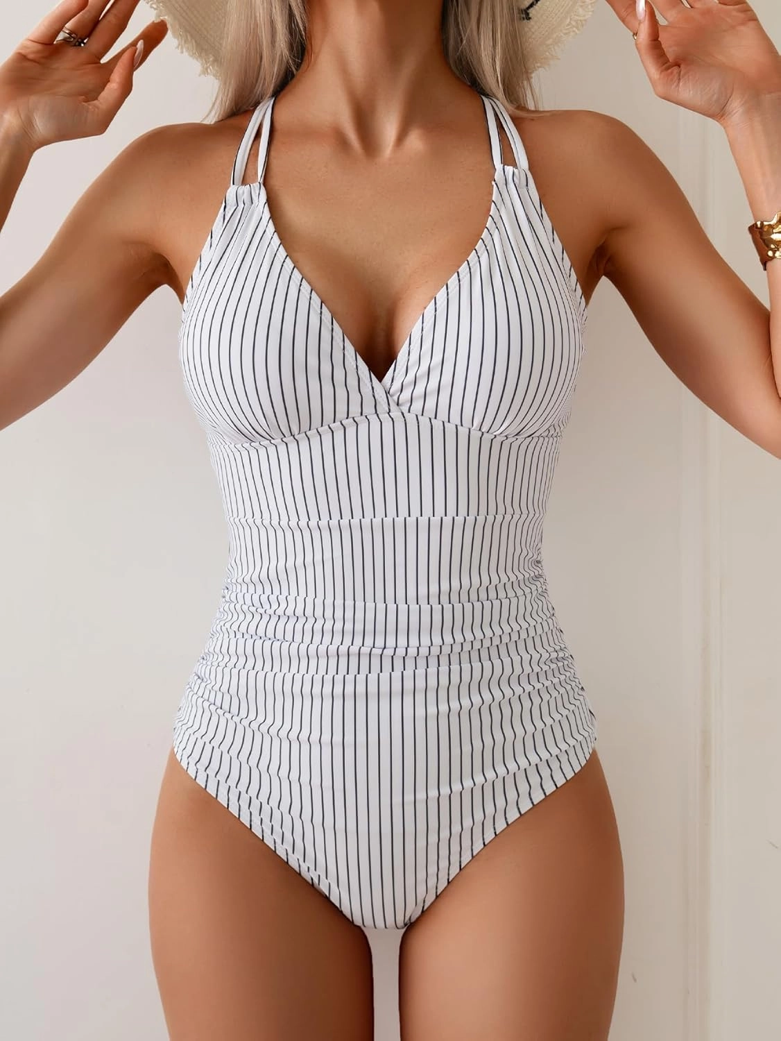 Women's One Piece Color Block Swimsuit Tummy Control Slimming Bathing Suit V Neck Cutout High Waisted Swimwear