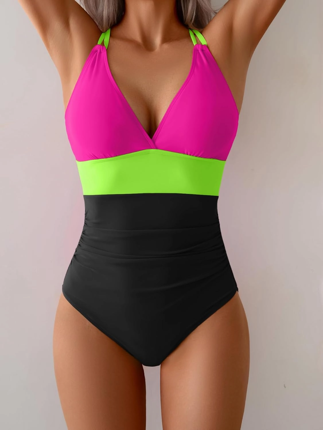 Women's One Piece Color Block Swimsuit Tummy Control Slimming Bathing Suit V Neck Cutout High Waisted Swimwear