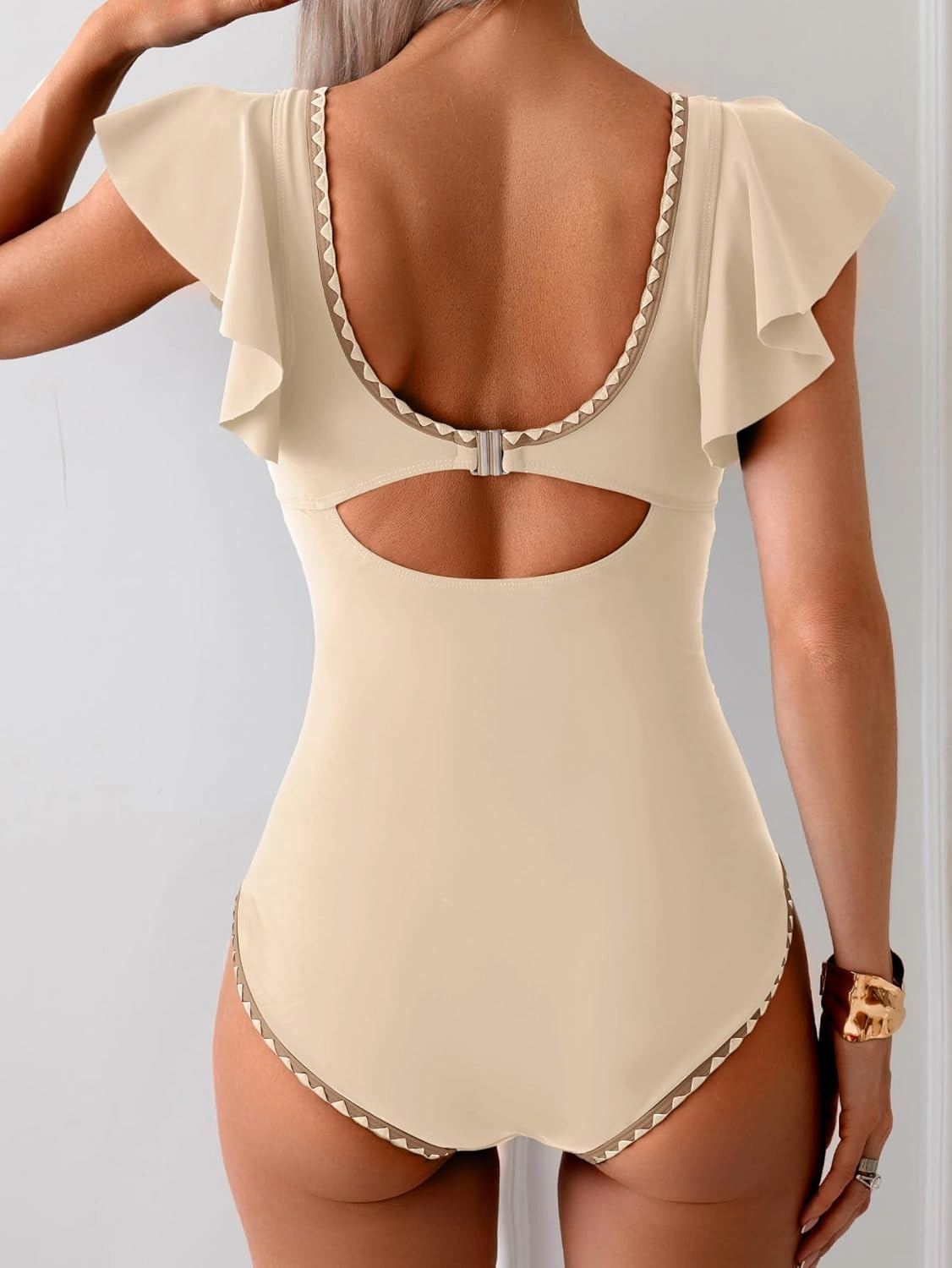 Women's One Piece Ruffle Swimsuit Tummy Control Bathing Suit V Neck Shell Stitched Swim Suit Slimming Swimwear