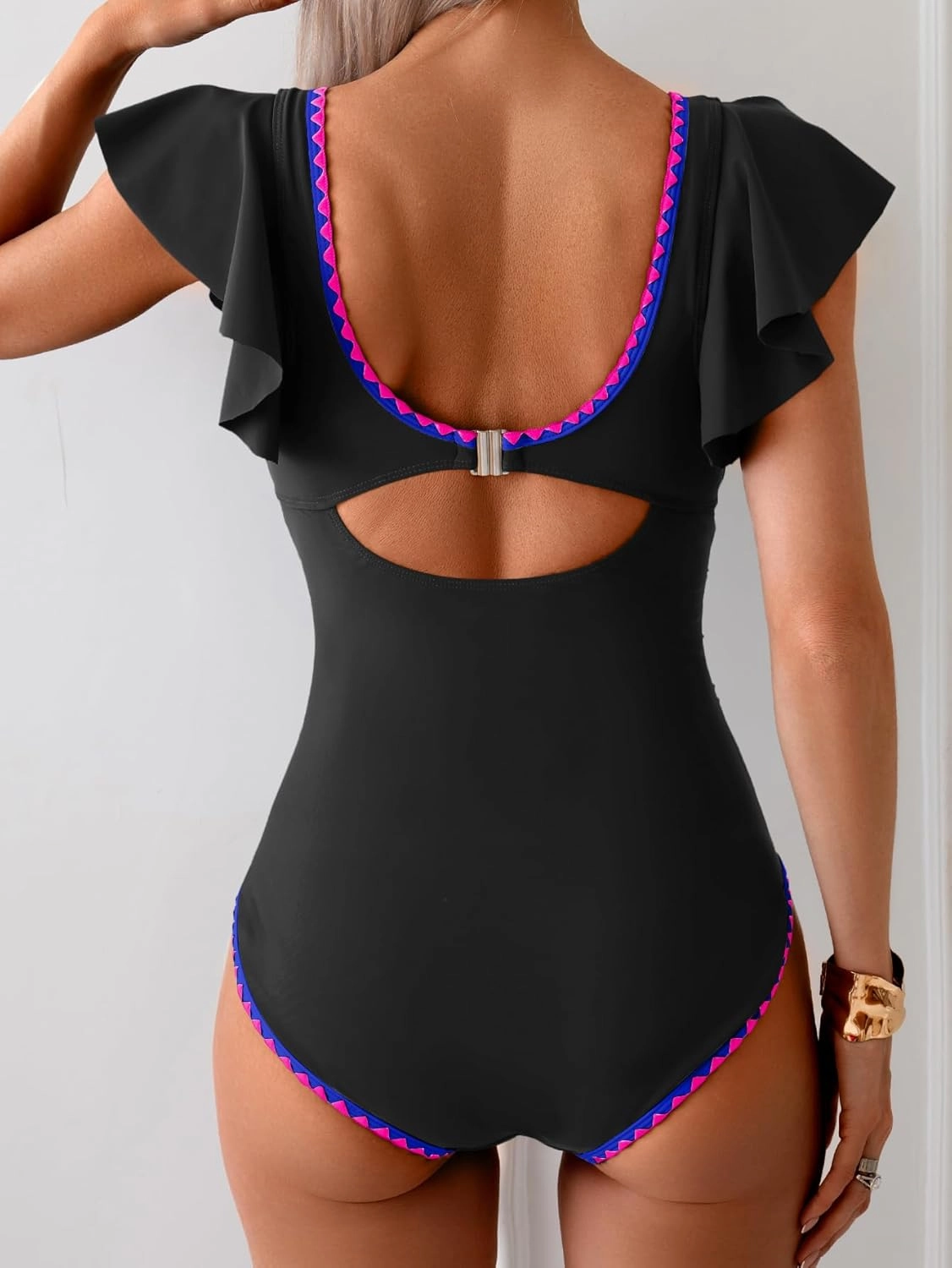 Women's One Piece Ruffle Swimsuit Tummy Control Bathing Suit V Neck Shell Stitched Swim Suit Slimming Swimwear