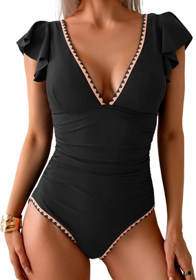 Women's One Piece Ruffle Swimsuit Tummy Control Bathing Suit V Neck Shell Stitched Swim Suit Slimming Swimwear