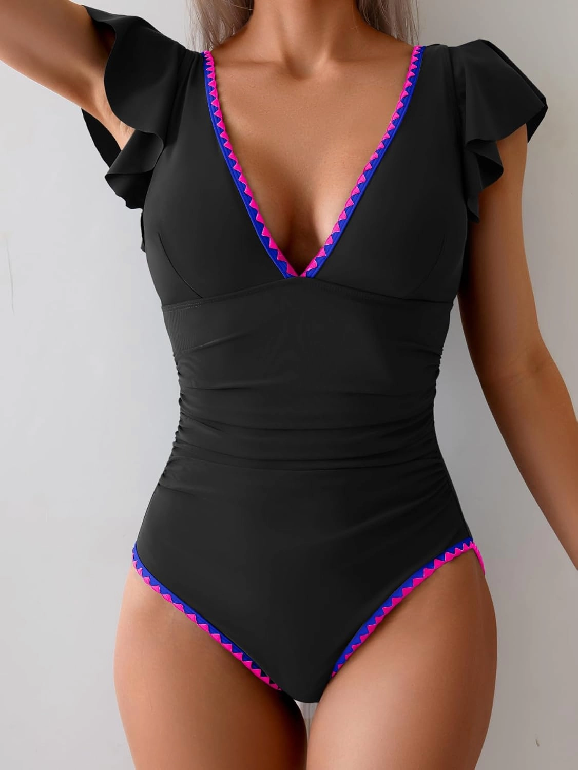 Women's One Piece Ruffle Swimsuit Tummy Control Bathing Suit V Neck Shell Stitched Swim Suit Slimming Swimwear