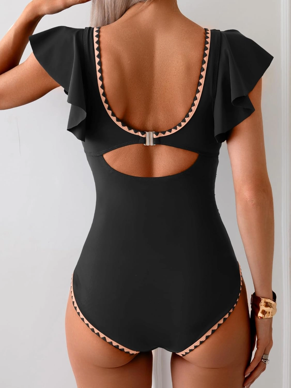 Women's One Piece Ruffle Swimsuit Tummy Control Bathing Suit V Neck Shell Stitched Swim Suit Slimming Swimwear