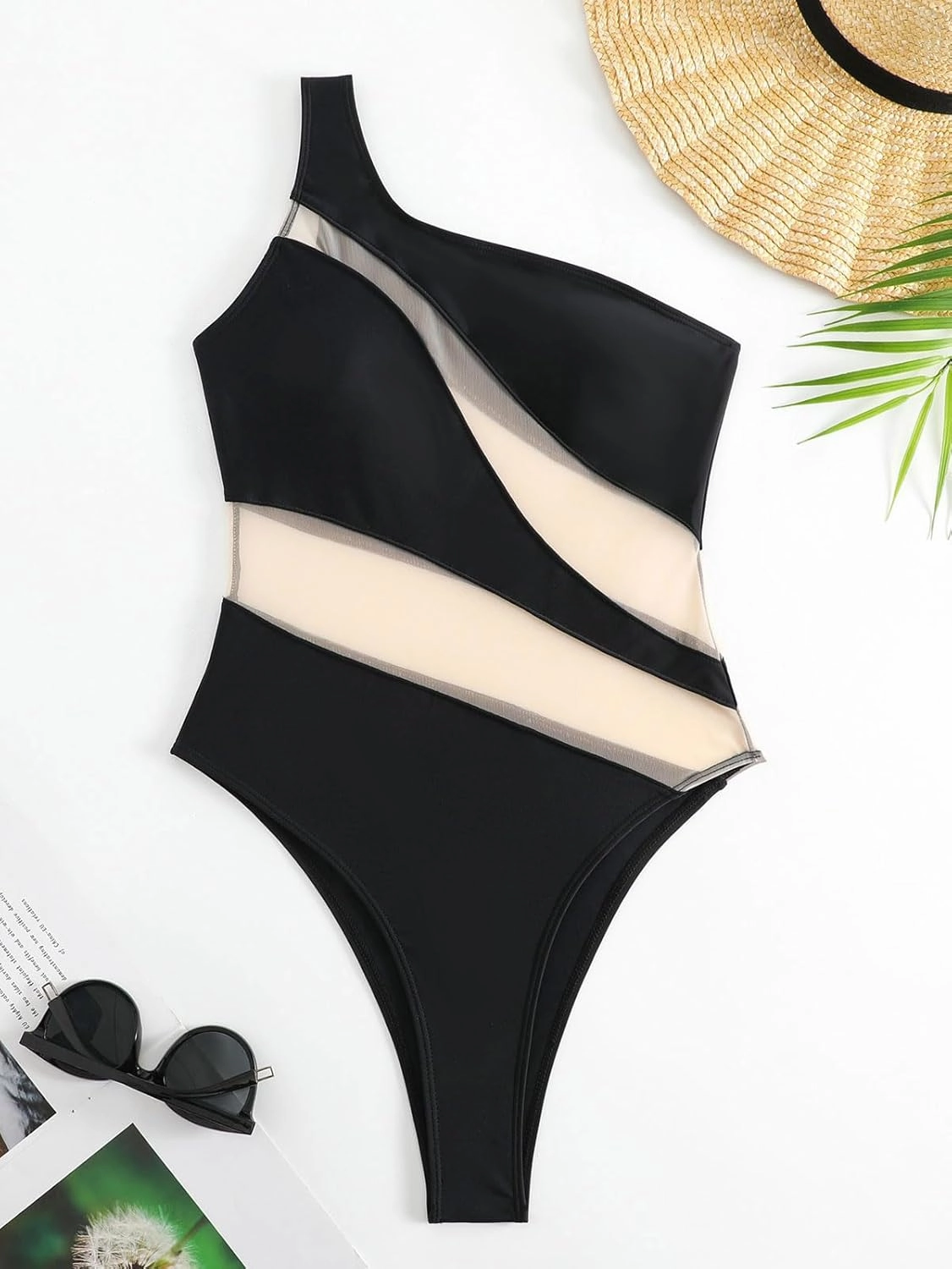 Women's one-Piece Swimsuit mesh Paneled one-Shoulder Sexy Tummy-Controlling Monokini