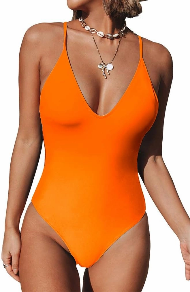 Women's One Piece Swimsuit Sexy V Neck Cross Back Bathing Suit High Cut Backless Swimwear