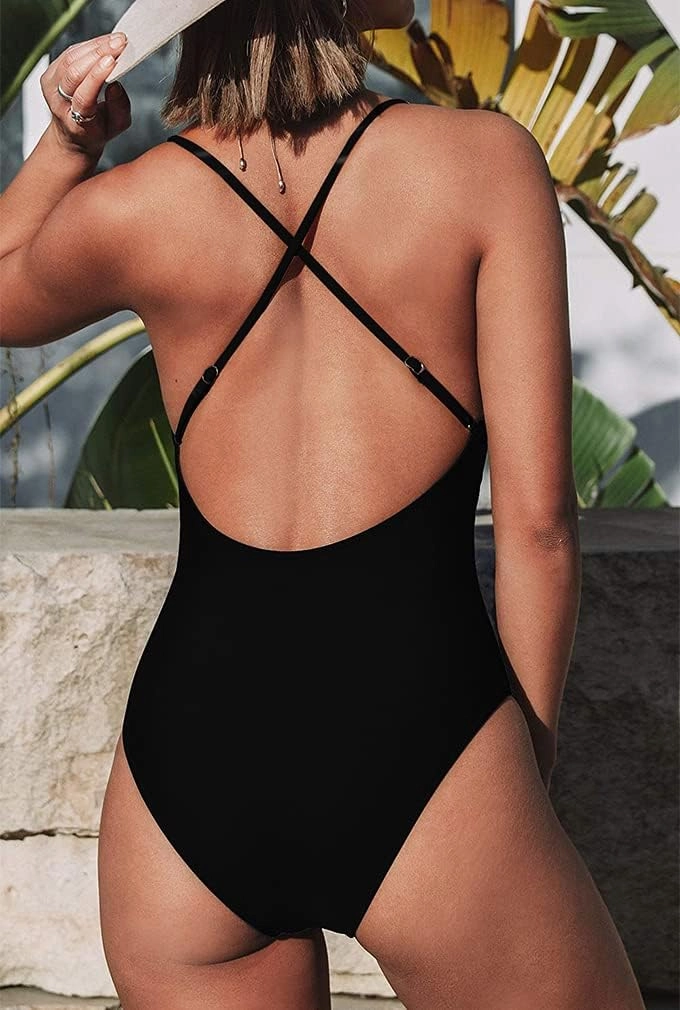 Women's One Piece Swimsuit Sexy V Neck Cross Back Bathing Suit High Cut Backless Swimwear