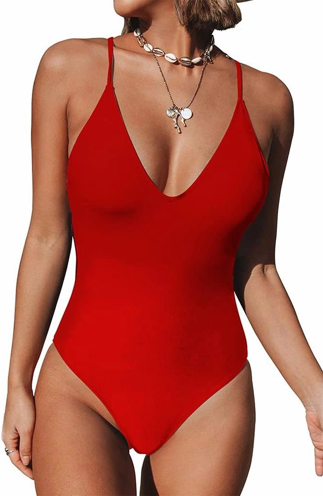 Women's One Piece Swimsuit Sexy V Neck Cross Back Bathing Suit High Cut Backless Swimwear