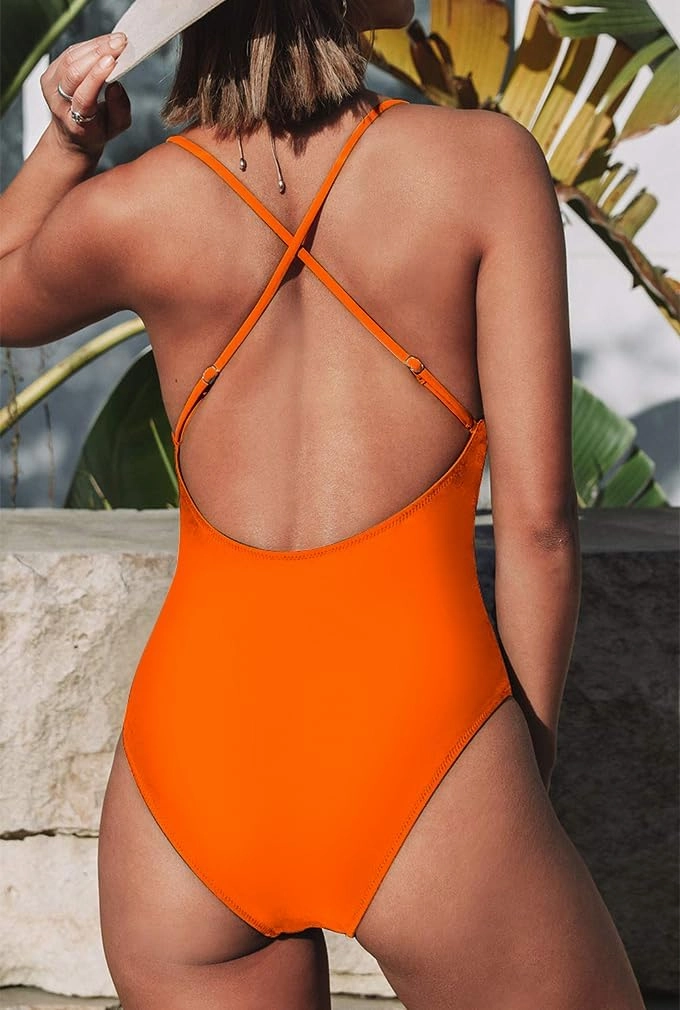 Women's One Piece Swimsuit Sexy V Neck Cross Back Bathing Suit High Cut Backless Swimwear