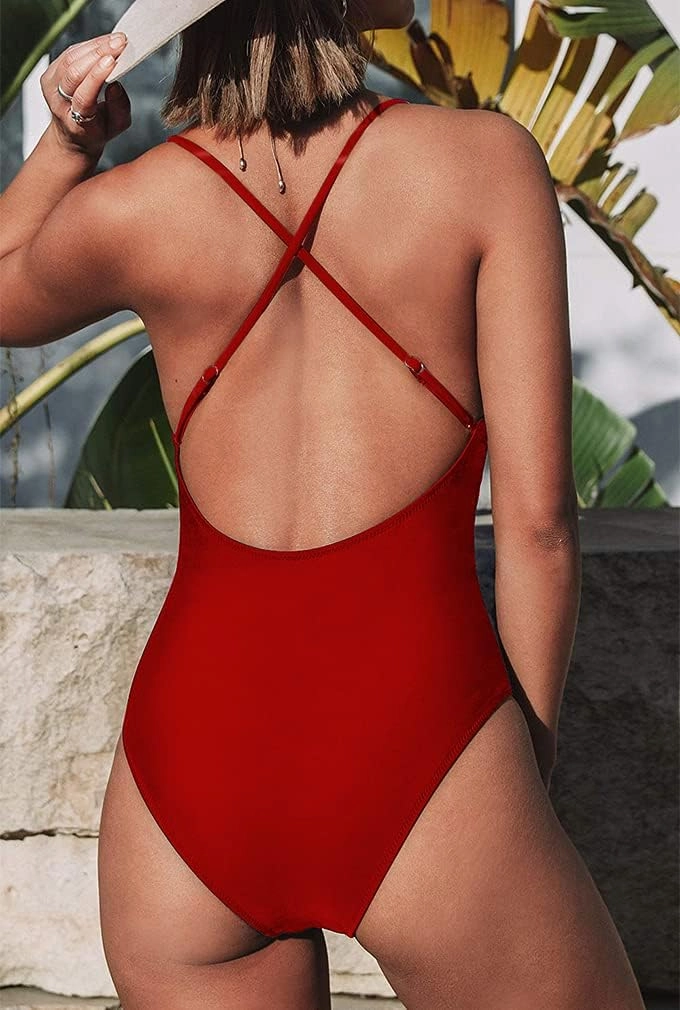 Women's One Piece Swimsuit Sexy V Neck Cross Back Bathing Suit High Cut Backless Swimwear