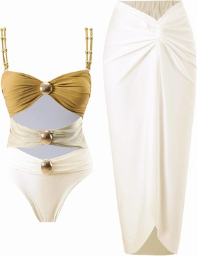 Women's One Piece Swimsuit with Cover up Set Beach Wrap Skirt Retro Bikini Set Two Piece Bathing Suit with Cover up