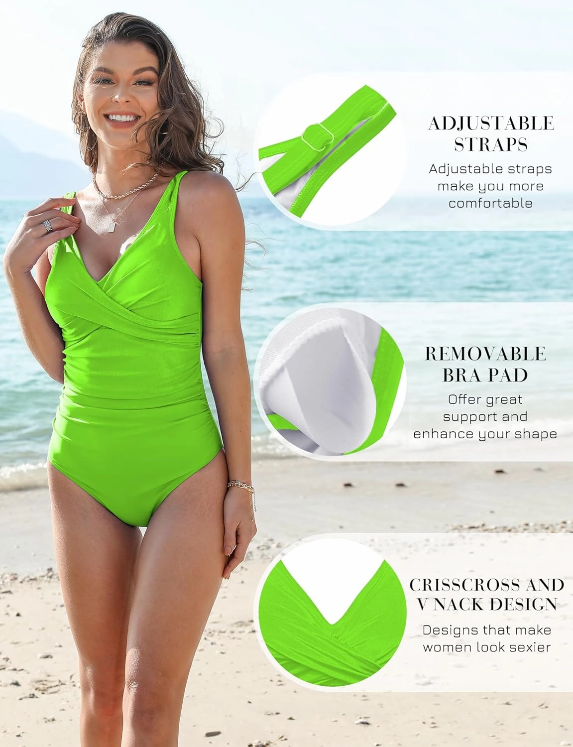 Women's One Piece Swimsuits Tummy Control Bathing Suits for Womens V Neck Criss Cross Ruched Push Up Slimming Swimwear