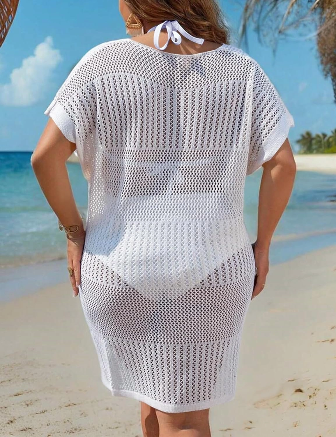 Women's Plus Size Cover Up Crochet Swimwear Hollow Out V Neck Beach Tops