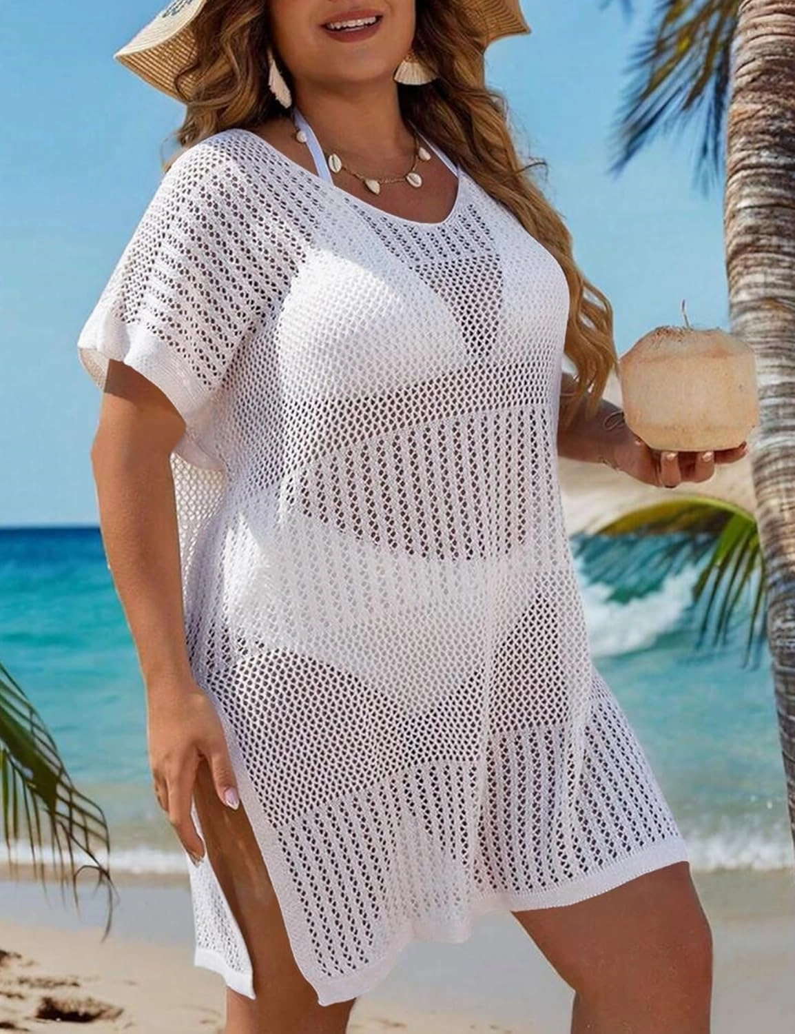Women's Plus Size Cover Up Crochet Swimwear Hollow Out V Neck Beach Tops