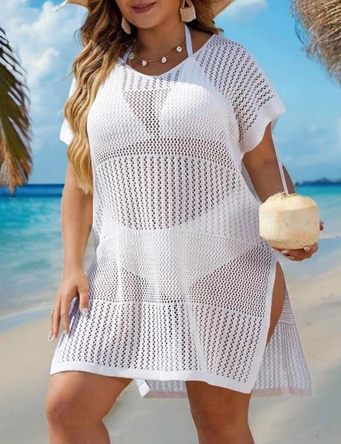 Women's Plus Size Cover Up Crochet Swimwear Hollow Out V Neck Beach Tops